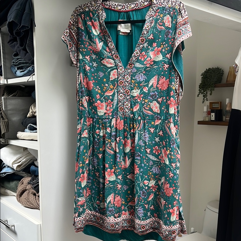 Anthropology Floral Teal Dress with Pink Accents
